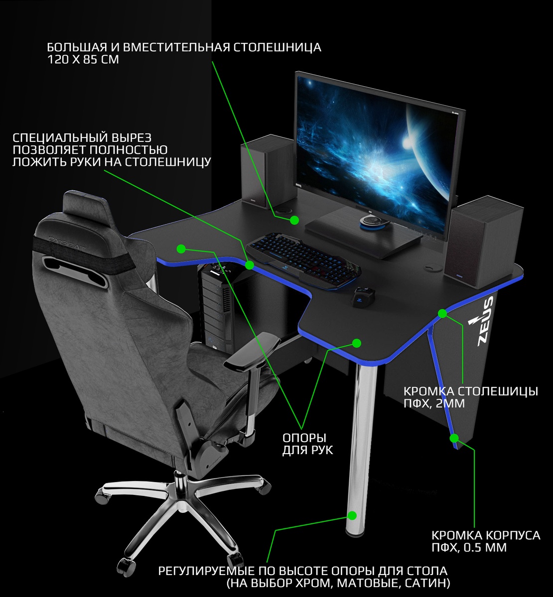 Геймерський стіл ZEUS IGROK-3L з підсвічуванням, чорно-синій IG-3LBS Altek mebli