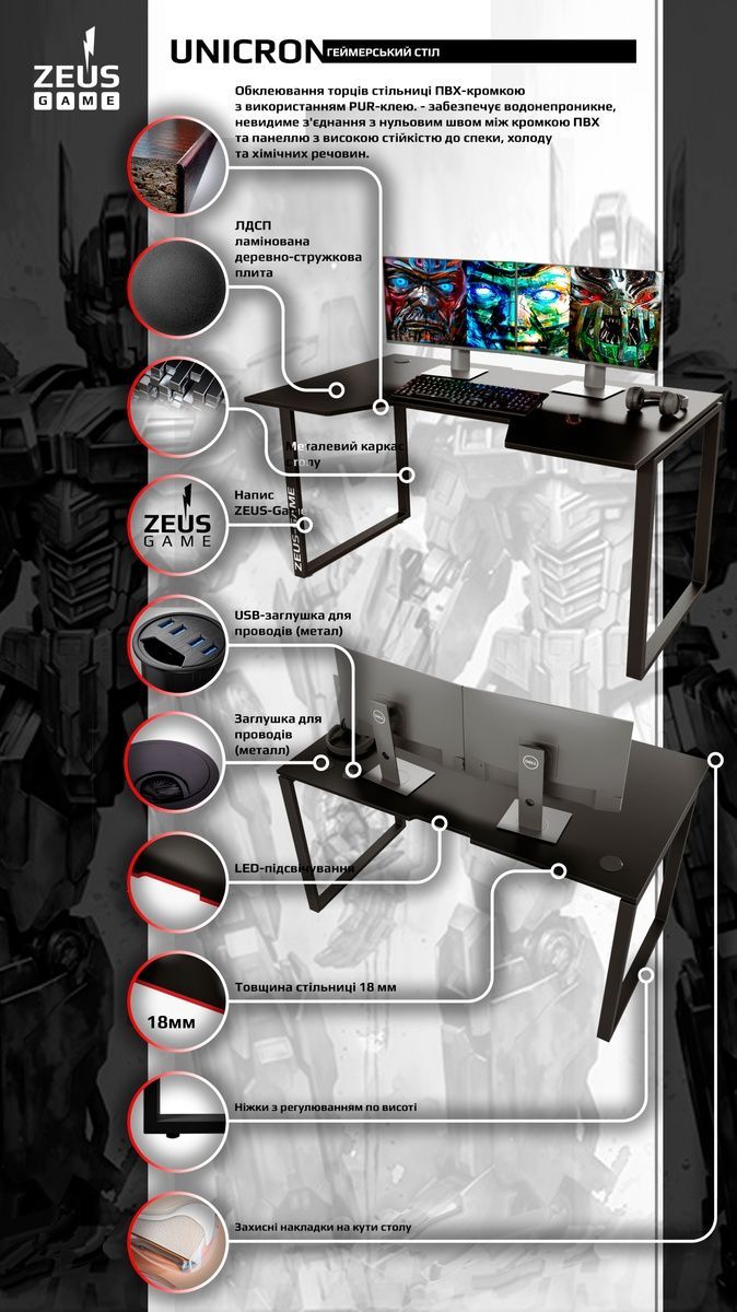 Геймерский стол ZEUS Unicron, черный Un-1 Altek mebli