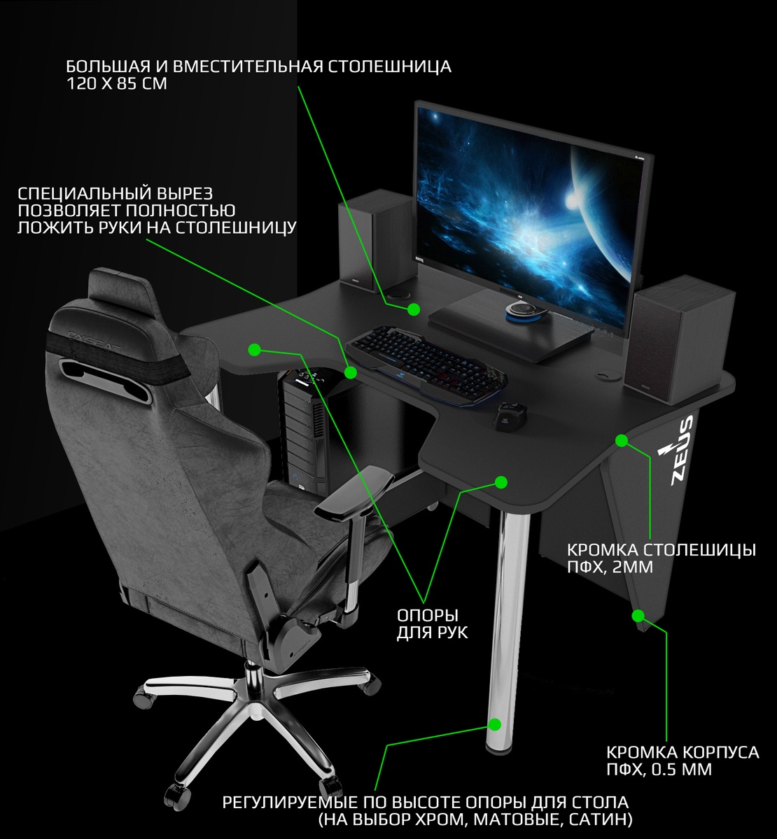 Геймерский Геймерский стол ZEUS IGROK-3L (с подсветкой) черный IG-3BLB Altek mebli