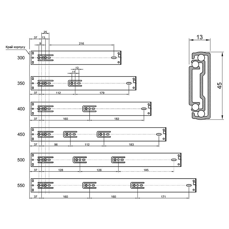 Направляющая шариковая Muller Стандарт S C 45 300 мм (13038)